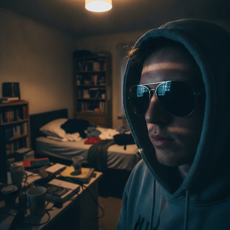 Poor source photo to avoid — sunglasses, dim light and a cluttered background