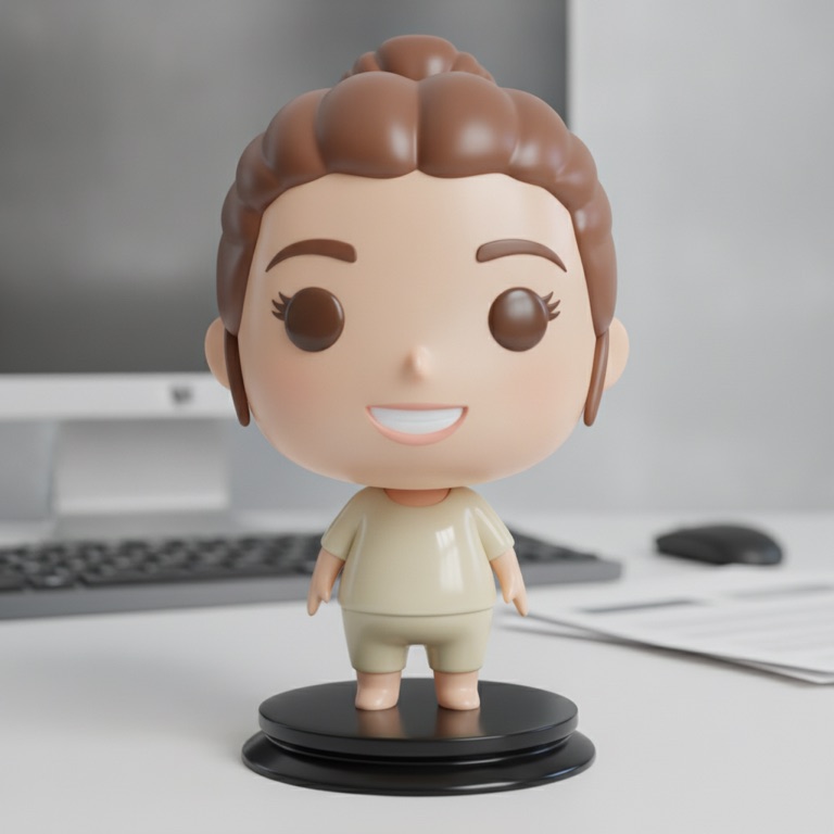 Glossy 3D vinyl figurine on a round base, generated from the source portrait